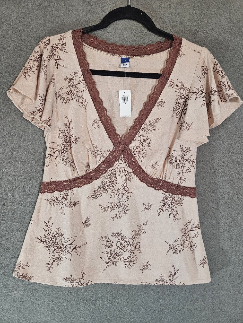 Old Navy Womens Medium Babydoll Shirt Burgundy Floral Lace Trim Short Sleeve NWT